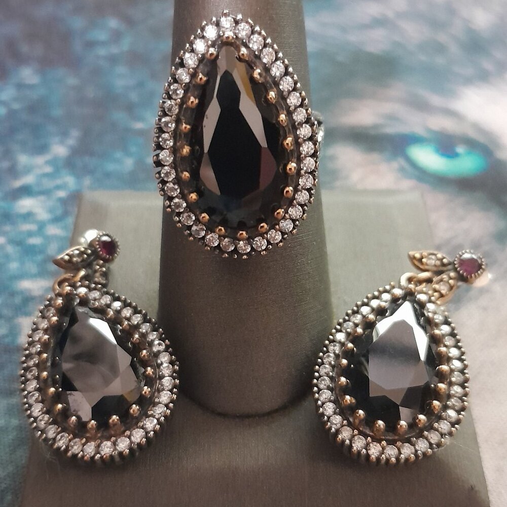 Hematite - White Topaz - Earrings & Ring Set - Handmade - Brass & Sterling 925